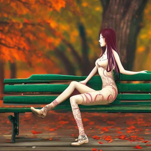 Prompt: hiughly detailed and intricate wlop artwork of a beautiful woman sitting on a park bench in the fall, volumetric lighting, extremely complex, trending on artstation, featured on behance, 4 k, 8 k, 1 6 k