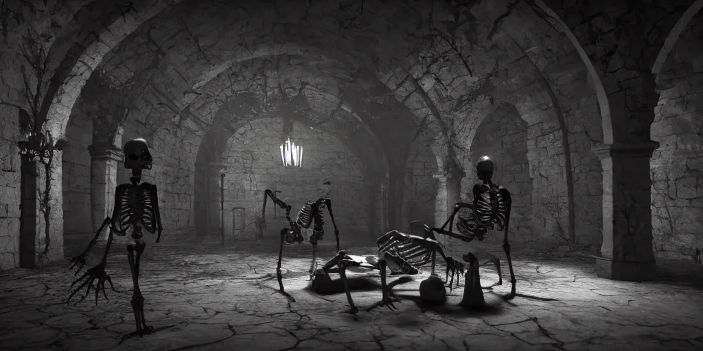 Prompt: Realistic cinematic of a dark crypt scene with a spooky living skeleton, highly detailed, inspired by Tim Burton, Unreal Engine 4k