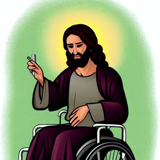 Image similar to jesus christ smoking a blunt, sitting in a wheelchair, biblically accurate