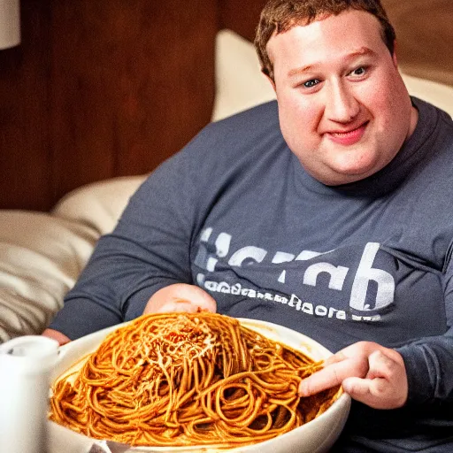 Prompt: fat mark zuckerberg sitting in bed eating spaghetti