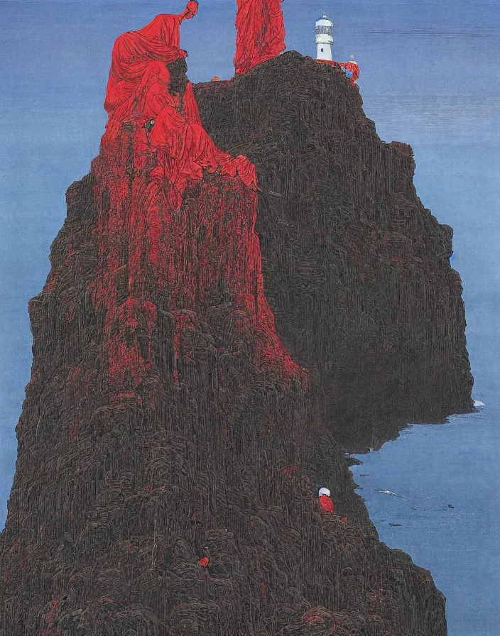 Prompt: worshippers in red robes belonging to the cult of the lighthouse climbing up the rocky cliff where the lighthouse stands, lighthouse, ravens, high detailed beksinski painting, part by adrian ghenie and gerhard richter. art by takato yamamoto. masterpiece, deep colours, blue