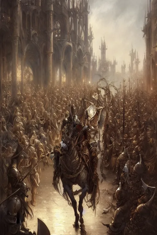 Image similar to medieval parade of knights, holiday, by wlop, by luis royo, by peter mohrbacher, concept art, digital illustration, intricate, masterpiece, elegant, super detailed, unreal engine rendering, smooth, sharp focus, artstation hq