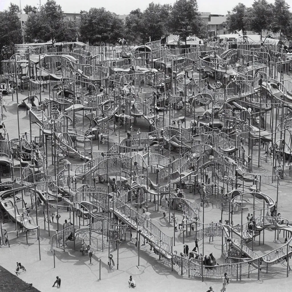 Image similar to 1 9 7 0 s photo of a vast incredibly - large complex tall many - level playground in a crowded schoolyard. the playground is made of wooden planks, rubber tires, metal bars, and ropes. it has many spiral staircases, high bridges, ramps, balance beams, and metal tunnel - slides. highly - detailed high - resolution photograph.