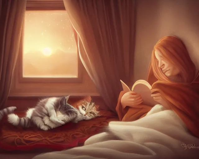 Image similar to a realistic beautiful warm matte painting of a woman curled up with a blanket reading a good book next to her friendly cat who is purring with eyes closed. they are both sitting next to a window as the sun sets in winter, by ross tran, trending on artstation