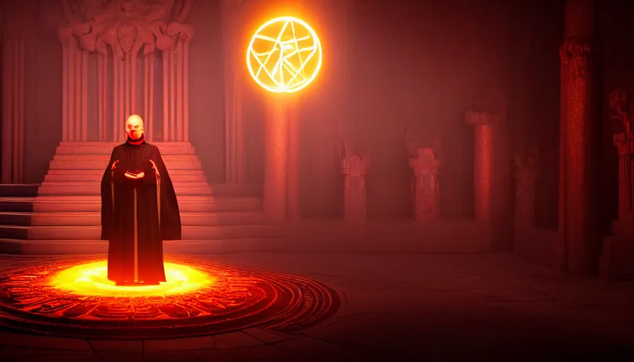 Prompt: an evil priest performs demonic ritual with magic and a glowing sigil in a fantastic temple, volumetric lighting, magical lighting, raytracing, dynamic lights and shadows, photorealistic render, digital art, wallpaper