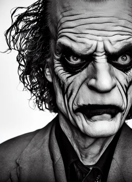 Image similar to photo of Christopher Lloyd as the Joker by Eolo Perfido and Lee Jeffries, frown, head shot, detailed, award winning, Sony a7R