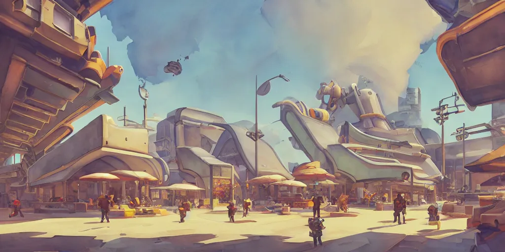 Image similar to overwatch building, stylized, exterior, architecture, in watercolor gouache detailed paintings, insanely detail, artstation, 8 k, futuristic, big medium small, arcane, simon stalenhag, food stall, interesting shapes & form, golden ratio, megastructures, vitaly bulgarov, mall, elites, clean