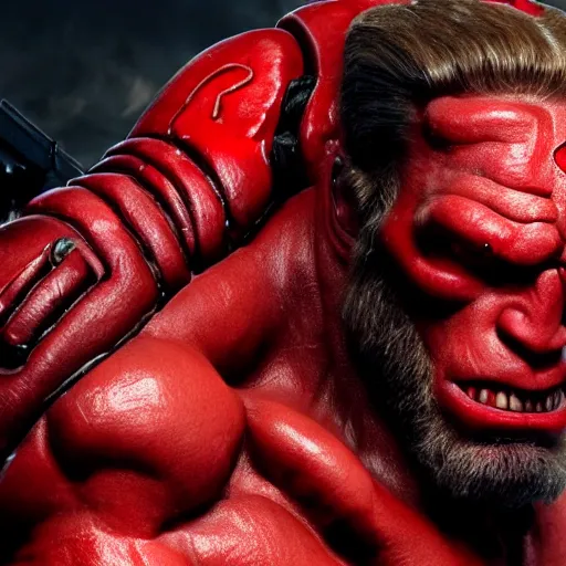 Prompt: arnold Schwarzenegger as Hellboy, still from movie, detailed, 4k