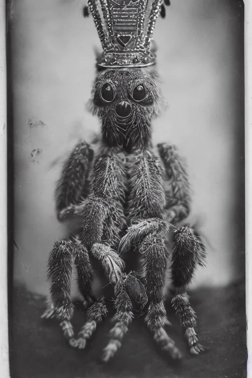 Image similar to a wet plate photo of an anthropomorphic tarantula king, wearing a crown