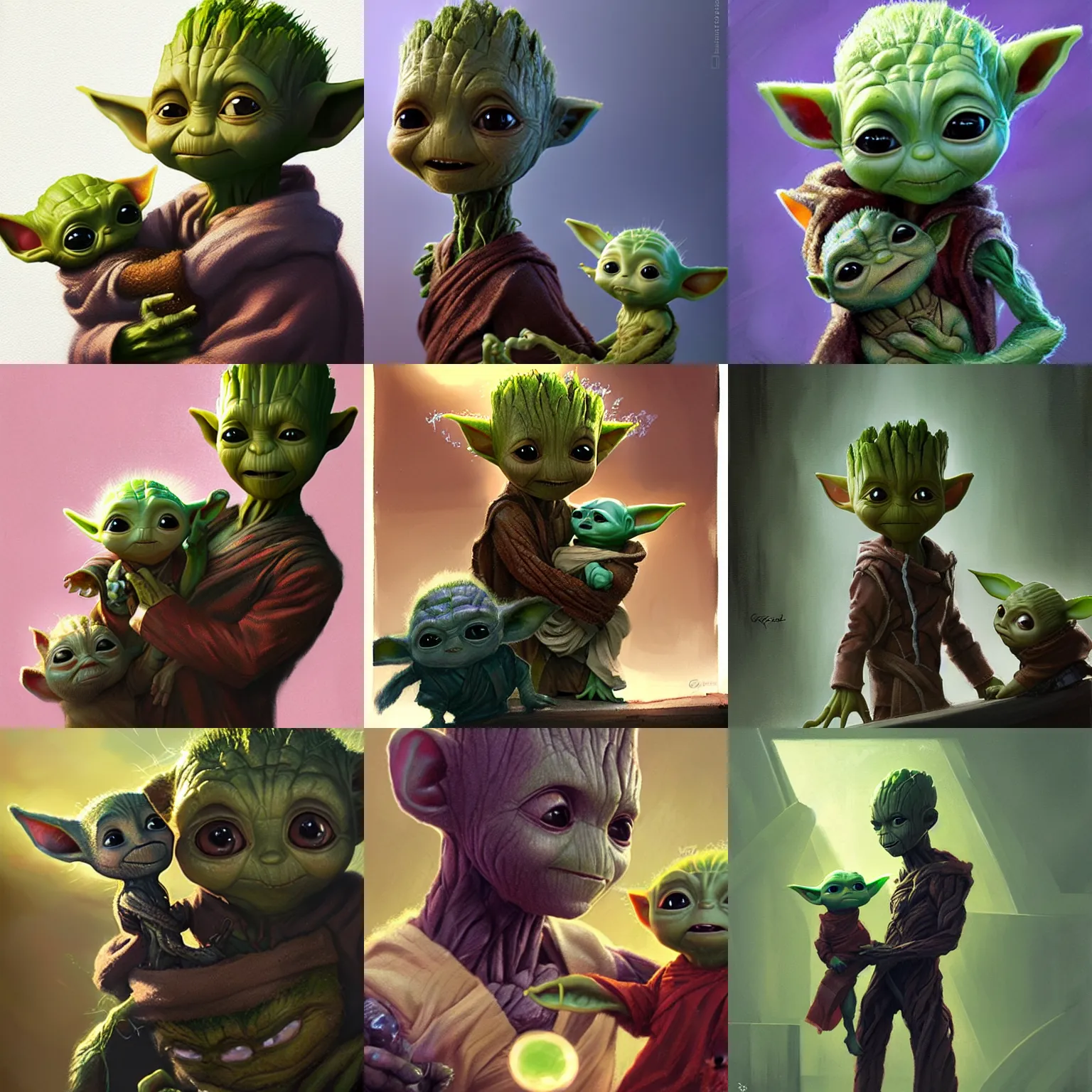 Prompt: baby groot holding baby yoda in his arms by greg rutkowski