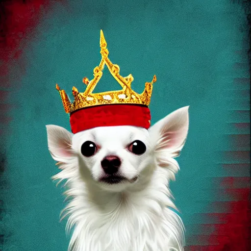 Prompt: long hair white chihuahua king wearing a red and gold crown cinematic composition, digital art, cute