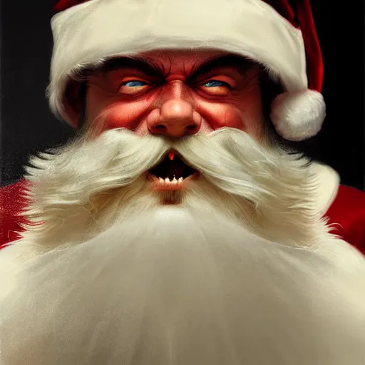 Prompt: frontal upper view of evil santa claus, serious expression, cream colored clothes robe, no red in clothes, red grinning mouth, cream colored background, fine art, award winning, intricate, elegant, sharp focus, cinematic lighting, digital painting, 8 k concept art, by michael hussar and greg manchess and brom and z. w. gu, 8 k