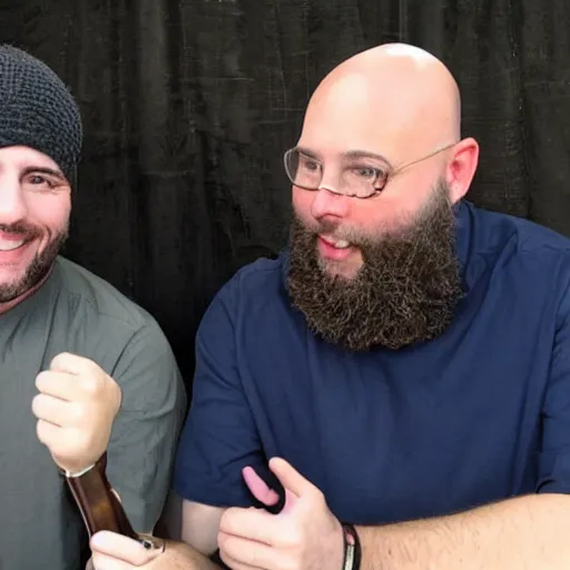 Prompt: two bald bearded men recording a podcast in the medieval times