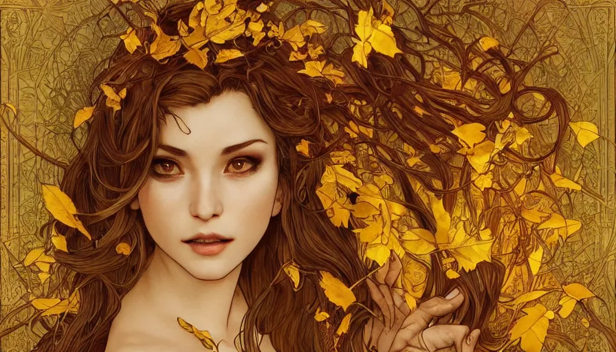 Image similar to golden leaves at frame border, magical lighting, creative!!! composition for a book cover!!!, absurdly beautiful, ultrafine hyperrealistic detailed old!! witch face by wlop and artgerm and alphonse mucha, intricate linework, sharp focus, smooth, octopath traveler, final fantasy, unreal engine, dramatic lighting, ethereal, 8 k