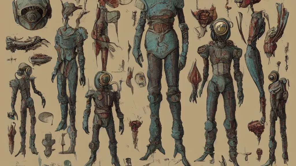 Prompt: aged paper, concept art, colorful character sheet for a male extraterrestrial warlord wearing victorian diving helmet, retrofuture, fantastic planet, moebius, valerian, coherent, illustration, digital art, trending on artstation, hd, 8 k, good lighting, beautiful, rough paper, masterpiece