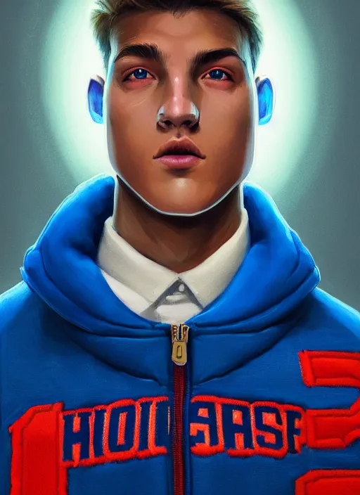 Image similar to portrait of high school senior boy named big moose, blonde short hair, jock, beefy, wide face, square jaw, square facial structure, blue varsity jacket with letter r, intricate, elegant, glowing lights, highly detailed, digital painting, artstation, concept art, sharp focus, illustration, art by wlop, mars ravelo and greg rutkowski