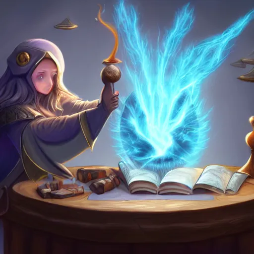 Prompt: a wizard in a magical research workshop with a phoenix perching nearby and looking on curiously, spellbooks and materials on tables, wizard studying magic, soft lighting, digital art trending on artstation