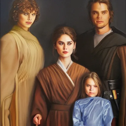 Prompt: an oil painting of a family portrait with anakin skywalker, padme amidala and luke skywalker