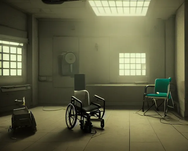 Image similar to artstation scifi scene an old ward, one ceiling fan, wheelchair, crutches, 3 beds, dust, paneled walls, unreal engine 5, hyper realism, realistic shading, cinematic composition, blender render, octane render, hdr, detailed textures, photorealistic, wide shot