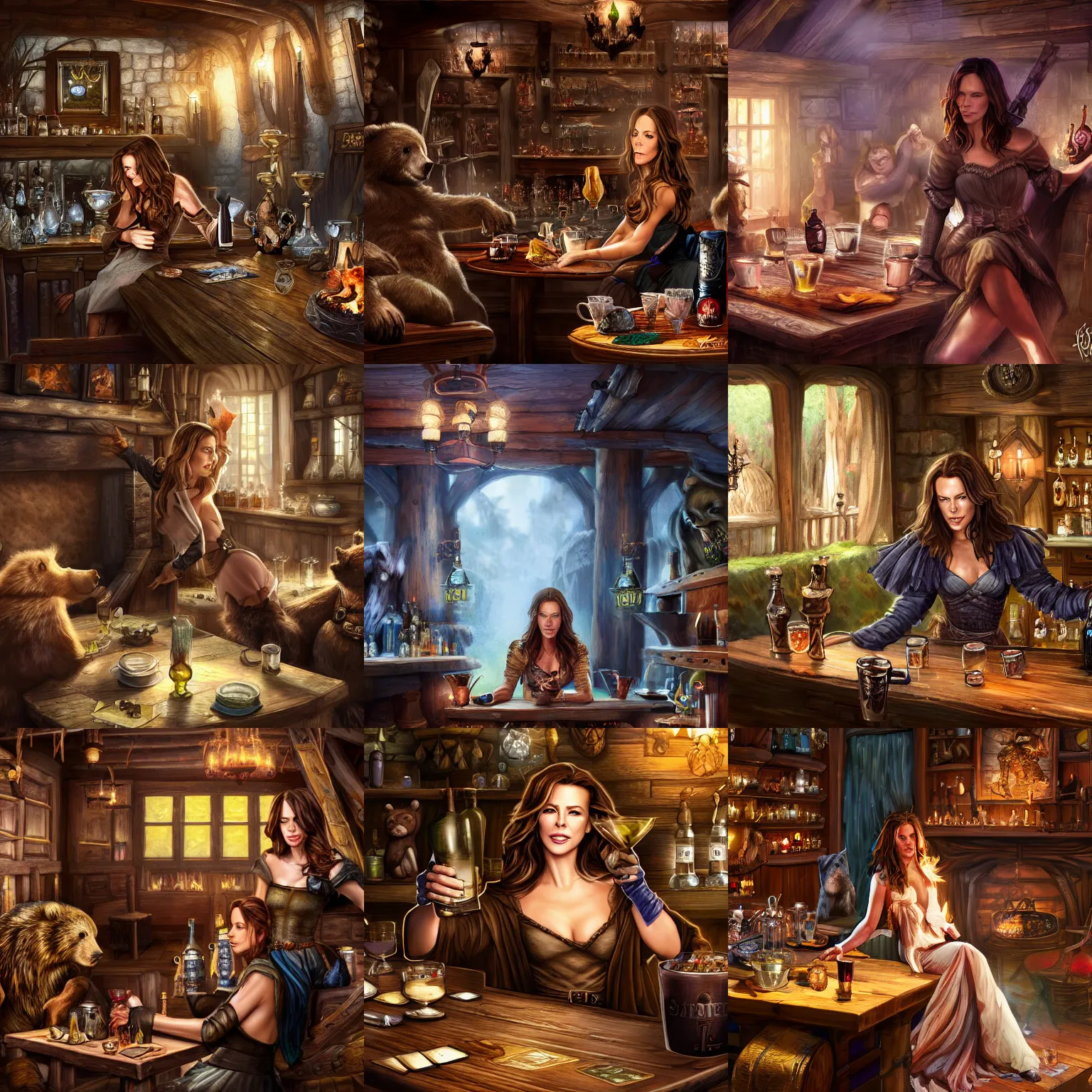 Prompt: kate beckinsale sleep on the table, fall head on table, in fantasy tavern near shout fireplace, in dark, behind bar deck with bear mugs, medieval dnd, colorfull digital fantasy art, 4k