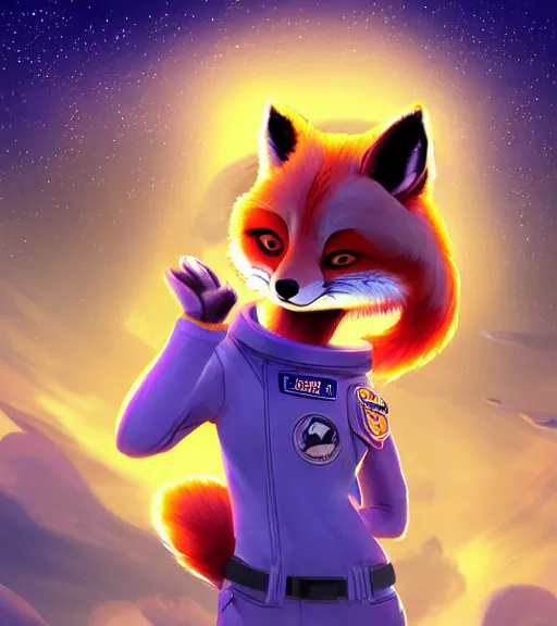 Image similar to digital detailed art of furry female fox, in style of zootopia, fursona, furry, furaffinity, deviantart, wearing astronaut outfit, floating in space, space background, hyena fursona, cyberpunk, detailed face, style of artgerm,