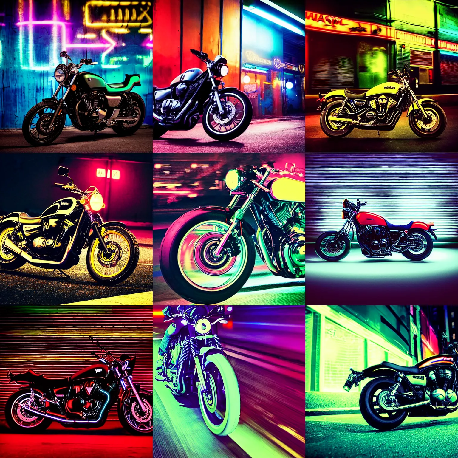 Prompt: grainy album cover of a Yamaha XV950/R in front of a neon glowing graffity at night, dual tone lighting, motion blur, chromatic aberration, atmospheric