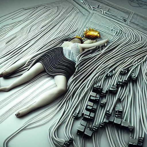 Image similar to tapping in to something greater, piles of modular synth cables, goddess laying down wearing a big headpiece made of circuit boards in a photo shoot for balenziaga, wlop, stanley kubrick, masamune, unique perspective, eastman color, perfect details, trending on artstation, 3 d render, smooth render, wlop