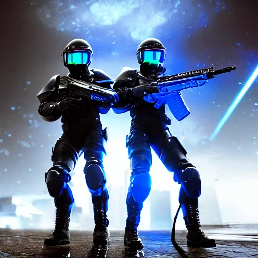 Image similar to Two soldiers with blue laser rifles wearing black power armour with blue sprites and full helmets with blue visors, night, rain, water drops on the lense, a complicated chrome-plated spaceship with blue lights in the background, realistic 4k octane beautifully detailed render, 4k post-processing, highly detailed, intricate complexity, epic composition, magical atmosphere, cinematic lighting, masterpiece, ultra hd