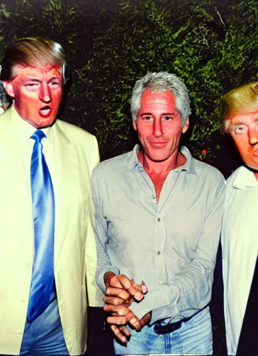 Prompt: polaroid of jeffrey epstein, bill clinton, and donald trump on an island