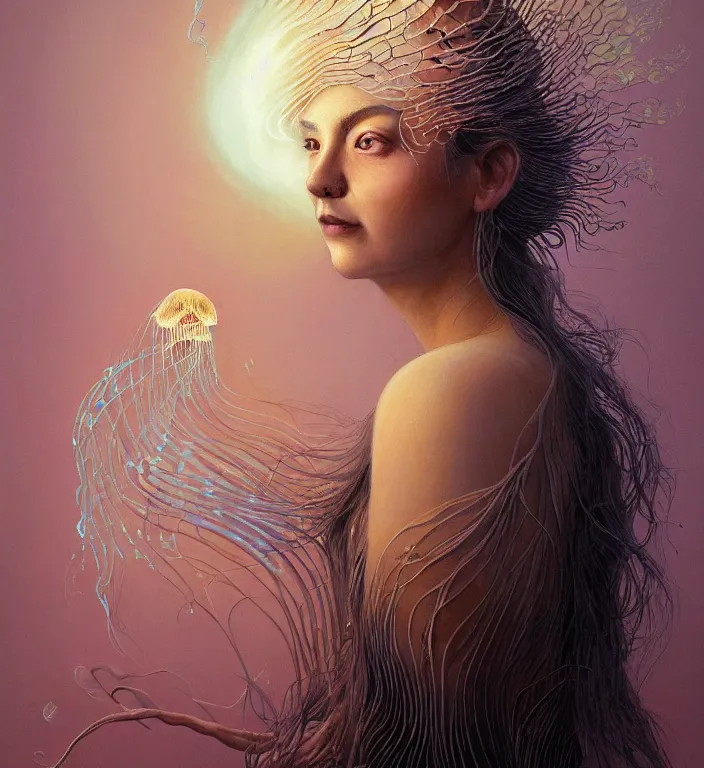 Image similar to portrait of a goddess of death with (reaction diffusion) scaled fish skin Bioluminescent phoenix jellyfish, burning phoenix halo, Her breath shot a haze of steam out into the frosty morning air concept, soft light, soft mood, realistic body features and face, illustration,intricate ornament halo, painting oil on canvas by Elena Zhurikhina and Goro Fujita and Charlie Bowater, octane render trending on artstation, 4k, 8k, HD