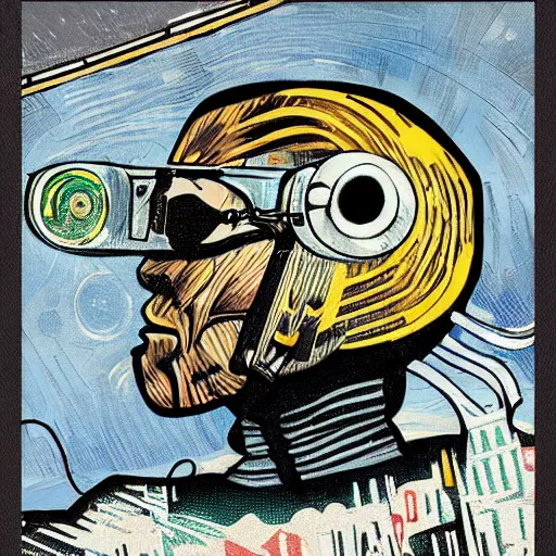 Image similar to Illustrated by Shepard Fairey and Greg Rutkpwski | Cyberpunk Van Gogh with VR helmet, surrounded by cables