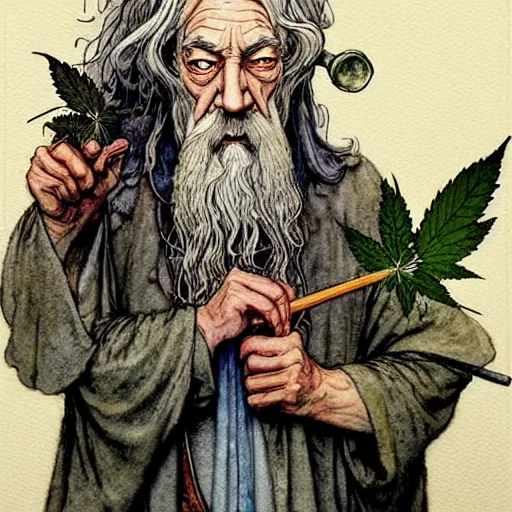 Prompt: a realistic and atmospheric watercolour fantasy character concept art portrait of gandalf with bloodshot eyes looking confused and smoking weed out of his pipe with a pot leaf nearby, by rebecca guay, michael kaluta, charles vess and jean moebius giraud