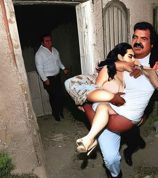 Prompt: Pablo Escobar carrying kim kardashian into a derelict mafia mansion