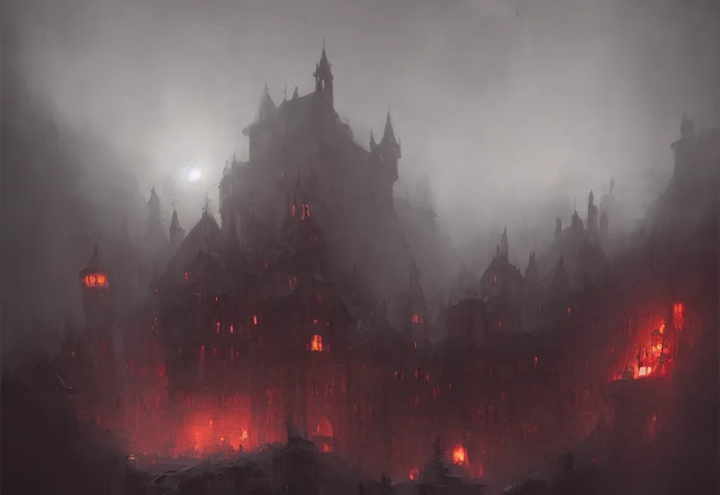 Image similar to a castle on fire, night, foggy, gloomy, mysterious, artstation, jakub rozalski, high detail