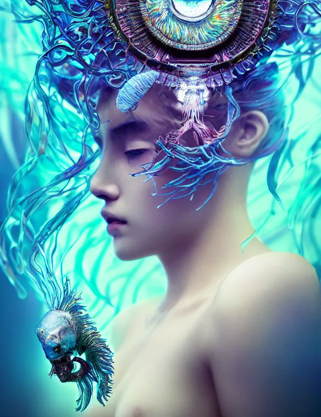 Image similar to goddess macro close - up portrait in crown made of ram skull. betta fish, jellyfish phoenix, bioluminiscent, plasma, ice, water, wind, creature, super intricate ornaments artwork by tooth wu and wlop and beeple and greg rutkowski