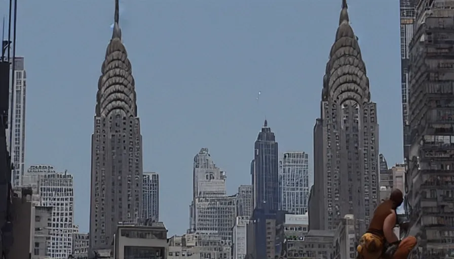 Image similar to big budget movie about a robot octopus climbing the chrysler building as attack helicopters shoot at it