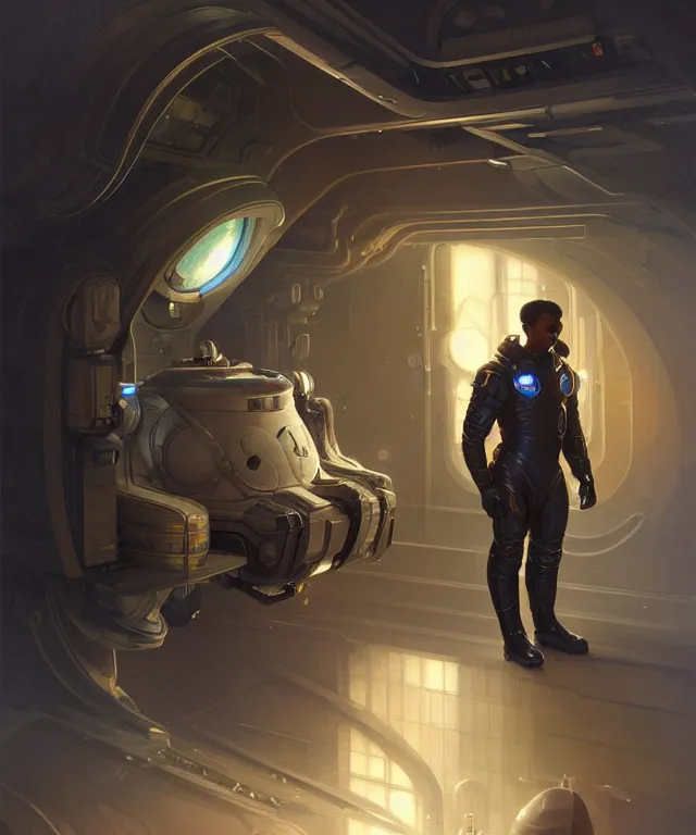 Image similar to Short muscular man in spacecraft loading bay, portrait, face, dark hair, black skin, sci-fi, intricate, elegant, highly detailed, digital painting, artstation, concept art, smooth, sharp focus, illustration, art by artgerm and greg rutkowski and alphonse mucha