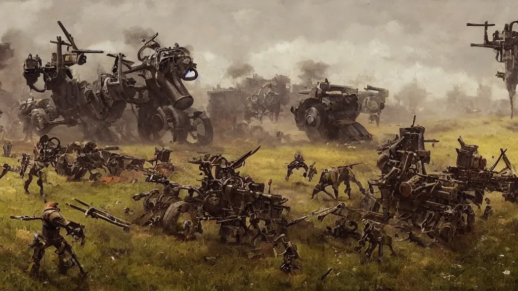 Image similar to 1920's battle in a farming village between bipedal mechs, painted by Jakub Rozalski