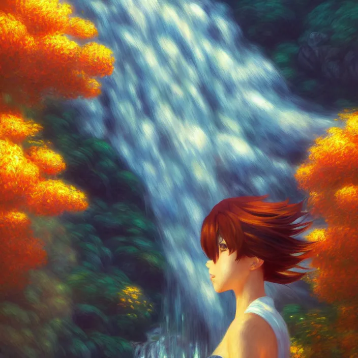 Prompt: an epic makoto shinkai and renoir surreal landscape of a woman's hair mixed with a waterfall, 🌺, golden hour, ultra smooth, lois van baarle, ilya kuvshinov, unreal engine, blender, trending on artstation, suntur, caleb worcester, highly detailed, photorealism, bloom effect 8 k