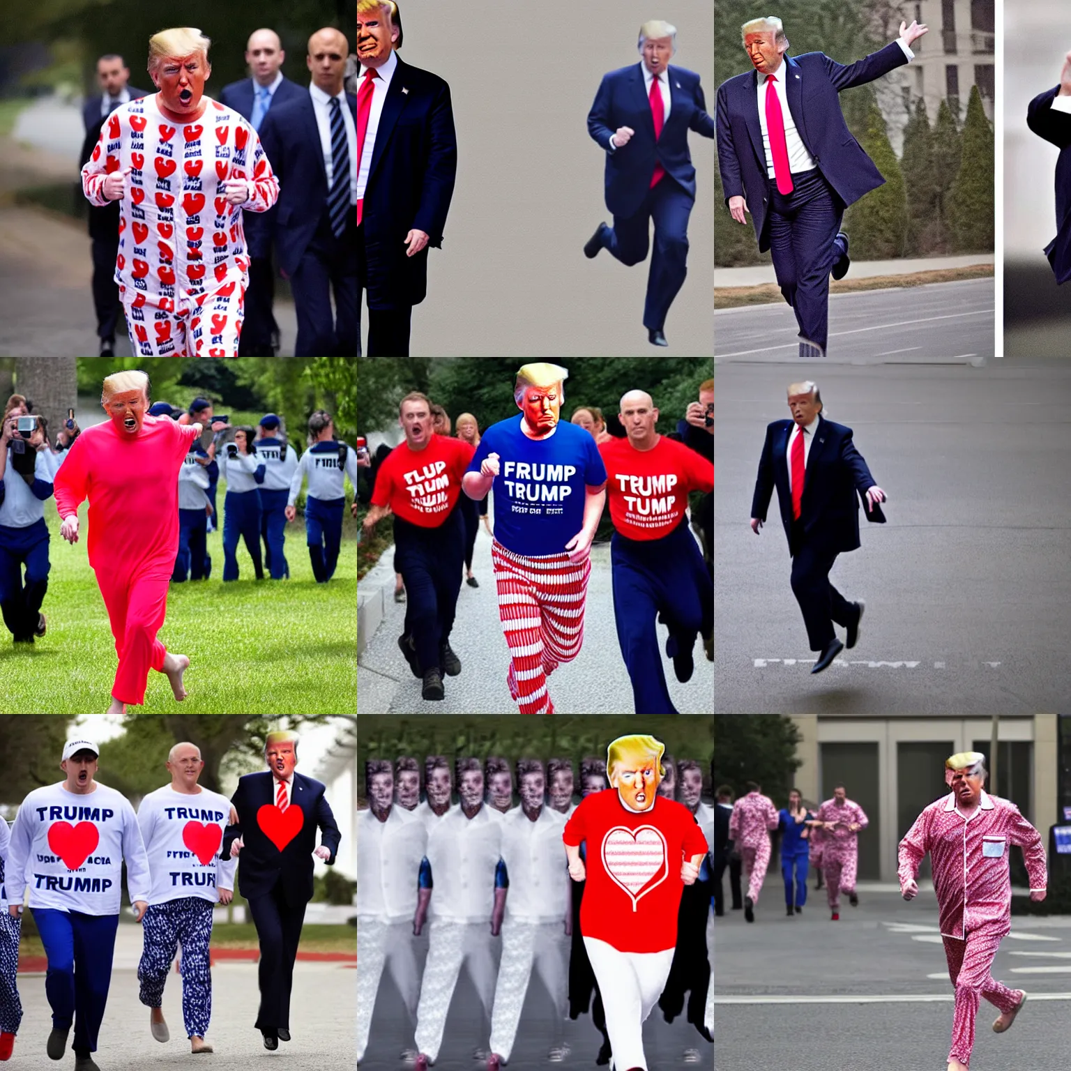 Prompt: donald trump running away from fbi agents in his heart printed pyjamas, detailed photograph