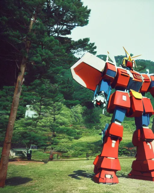 Prompt: a lomographic photo of old gigantic gundam mecha, standing tall above a typical japanese yard in small town, hikone on background, cinestill, bokeh