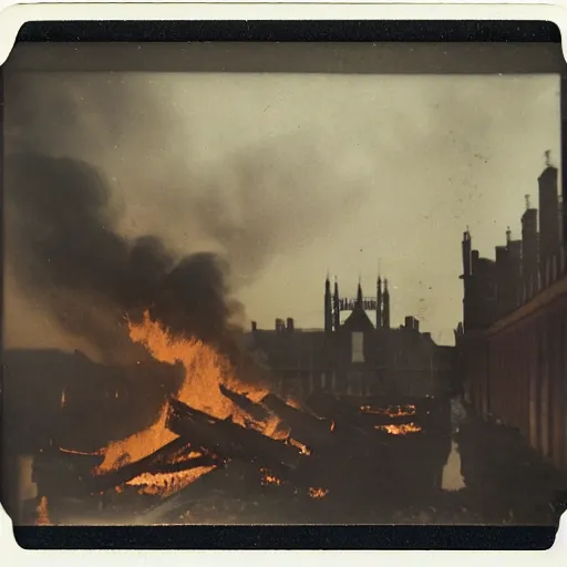 Image similar to a Polaroid photo of the great London fire of 1666, medieval London
