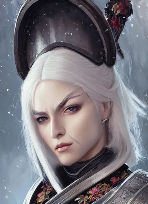 Prompt: girl with shoulder length white hair, steel samurai armor, beautiful highly detailed face, beautiful painting by artgerm and greg rutkowski and raymond swanland