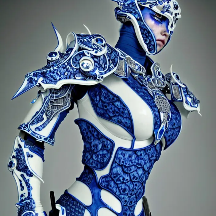 Image similar to porcelain cyborg armor, Chinese Kangxi Blue and white dragon pattern porcelain, diffuse lighting, fantasy, intricate, elegant, highly detailed, lifelike, photorealistic, digital painting, artstation, illustration, concept art, smooth, sharp focus, art by John Collier and Albert Aublet and Krenz Cushart and Artem Demura and Alphonse Mucha