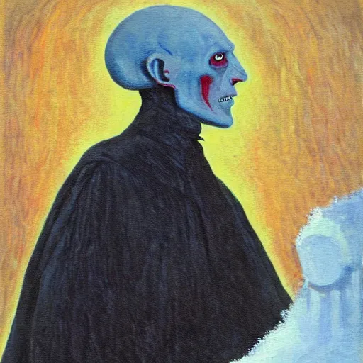 Image similar to Nosferatu in an igloo painting an impressionist self-portrait