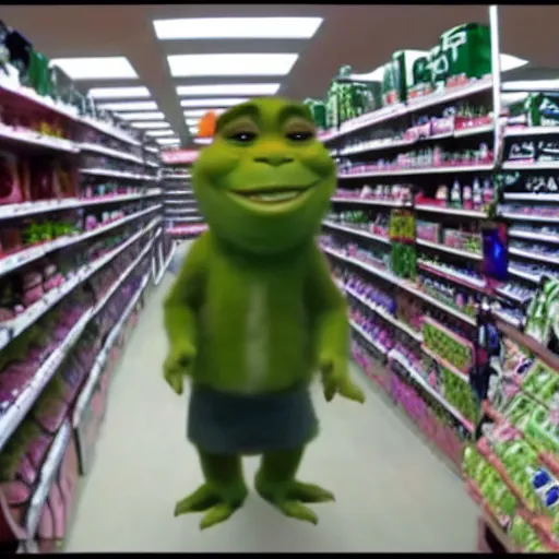 Image similar to shreck robbing a grociery store, security camera footage