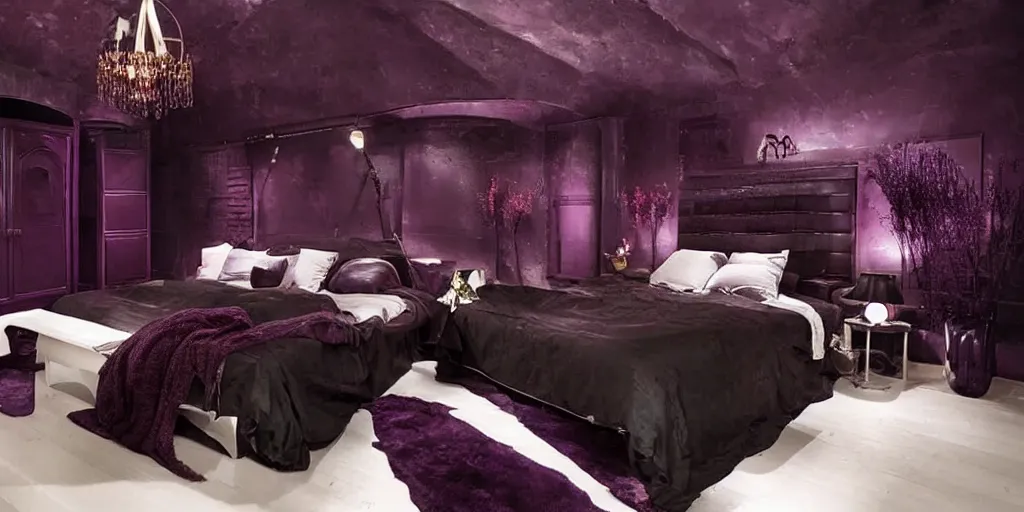 Image similar to night time, moody dark, dark purple leather dungeon bedroom