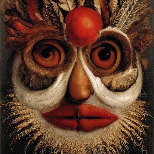 Image similar to a face covered in feathers by giuseppe arcimboldo, oil on canvas