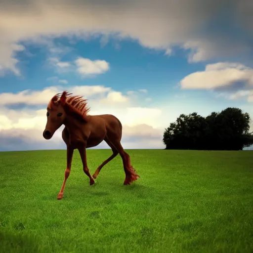 Prompt: a photo of a centaur walking alone in a green field with nice bright weather
