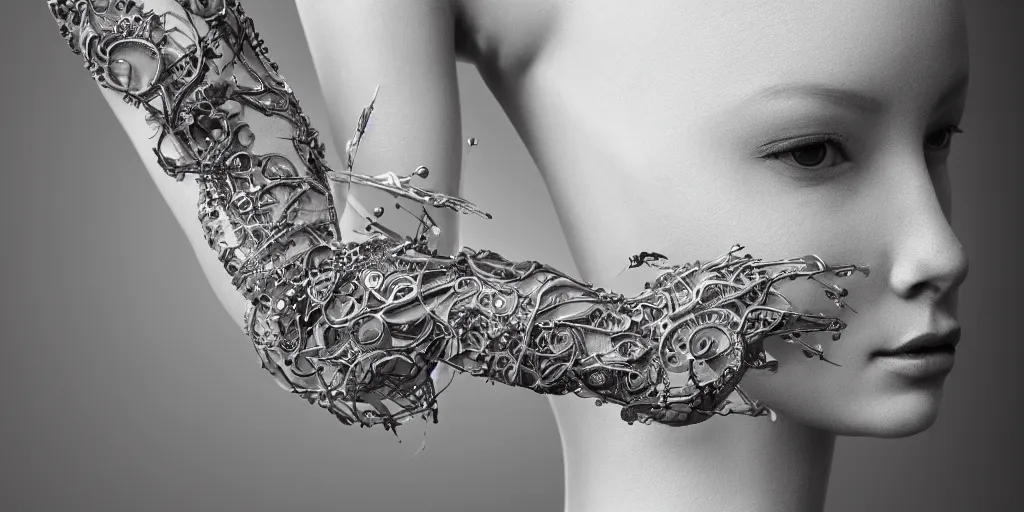 Image similar to hyper realistic photography of a stunningly beautiful cyborg female, plated arm, intimate, holding close, ribbon, in the style of beth cavener, jin kagetsu,, and wlop, highly detailed, intricate filigree, symmetry, masterpiece, award winning, sharp focus, concept art, highkey lighting, ambient lighting, octane render, 8 k, artstation